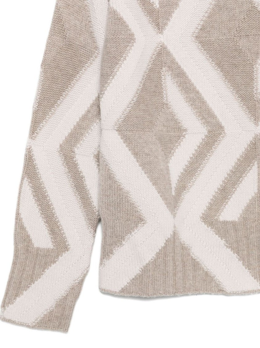 Alpha Studio Beige Knit Sweater With Geometric Pattern