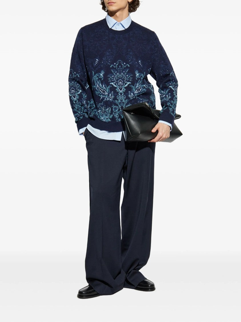 Etro Jacquard Floral Navy Wool Knit Sweater