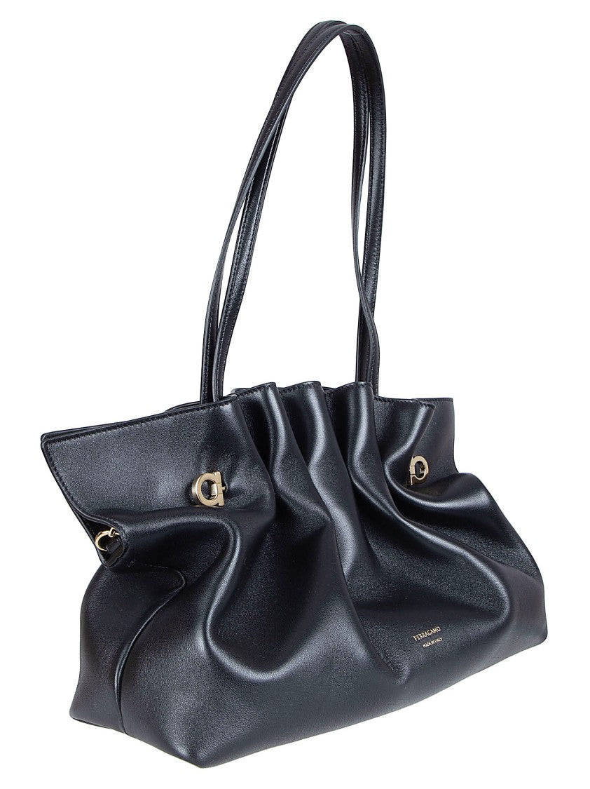 Ferragamo Soft Black Nappa Leather Bag With Iconic Gancio Clasps