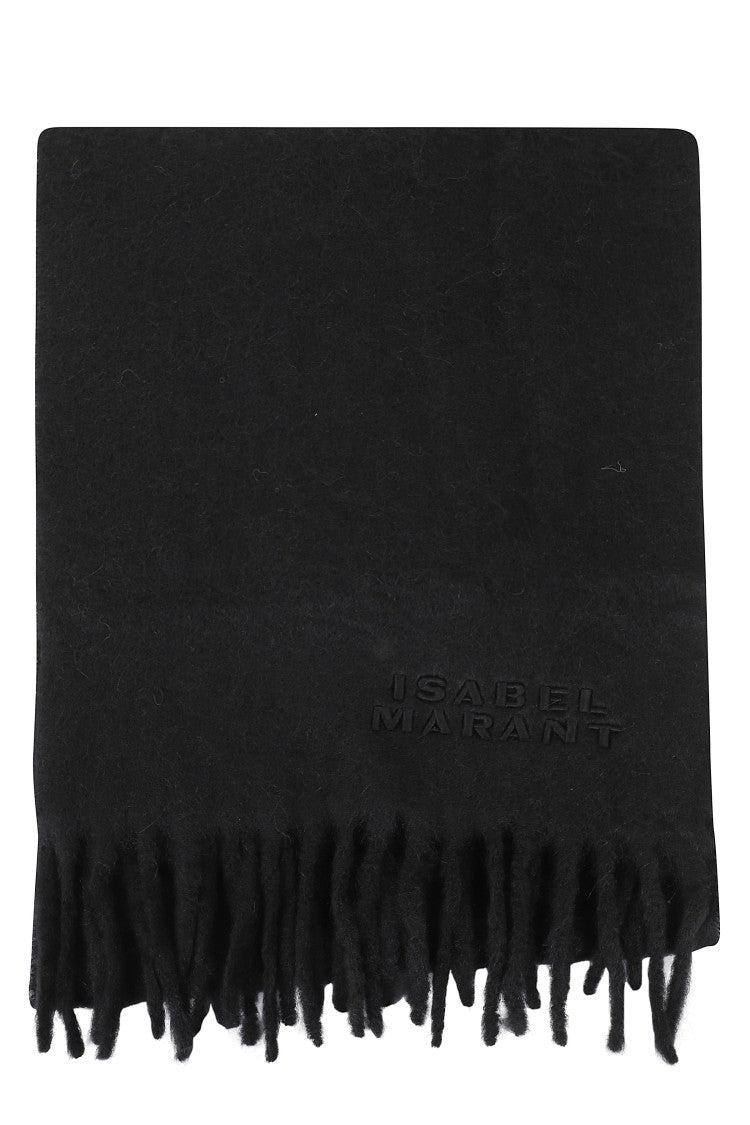 Isabel Marant Fringed Black Scarf With Embossed Logo Detail