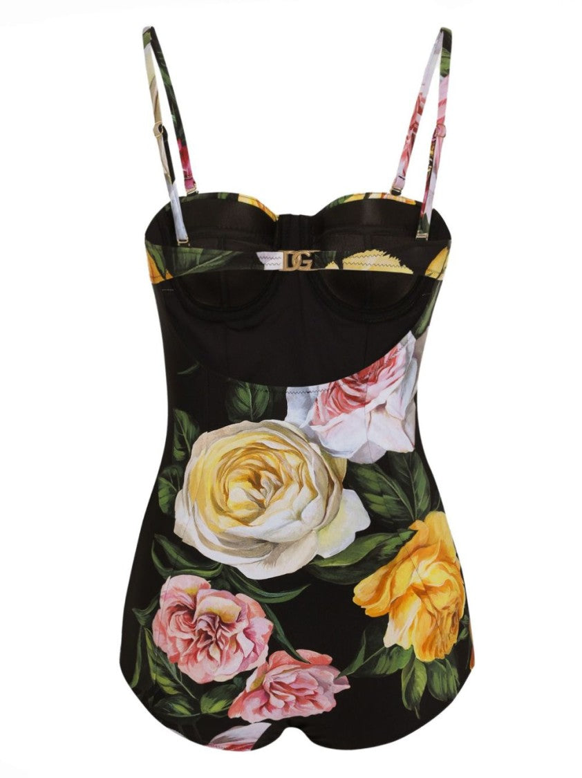 Dolce & Gabbana Black Floral One-Piece Swimsuit With Sweetheart Neckline