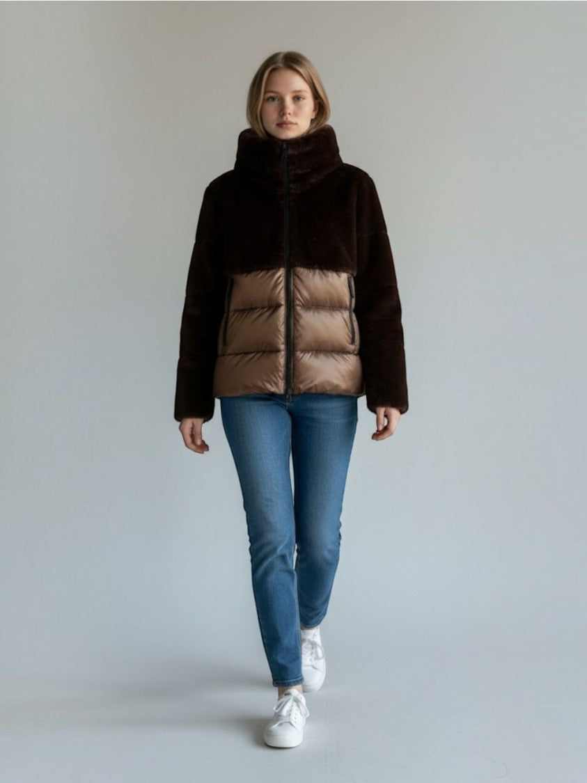 Blauer Boxy Cropped Plush Faux Fur Quilted Jacket