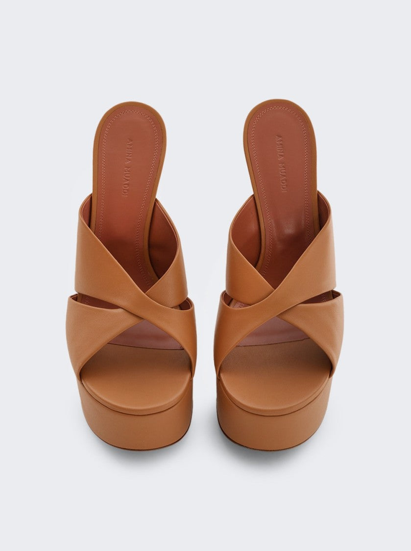 Amina Muaddi Salma Plateau Slipper Sandal Latte Leather