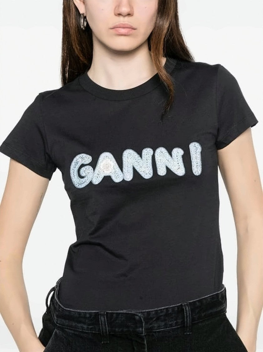 Ganni Fitted Black T-Shirt With Textured Logo Design