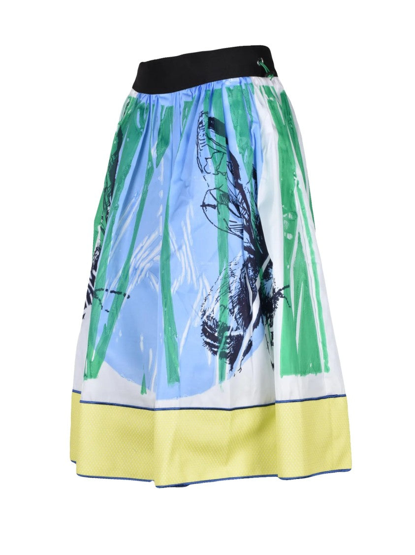 Sara Roka White/Green Elastic Waist Printed Midi Skirt