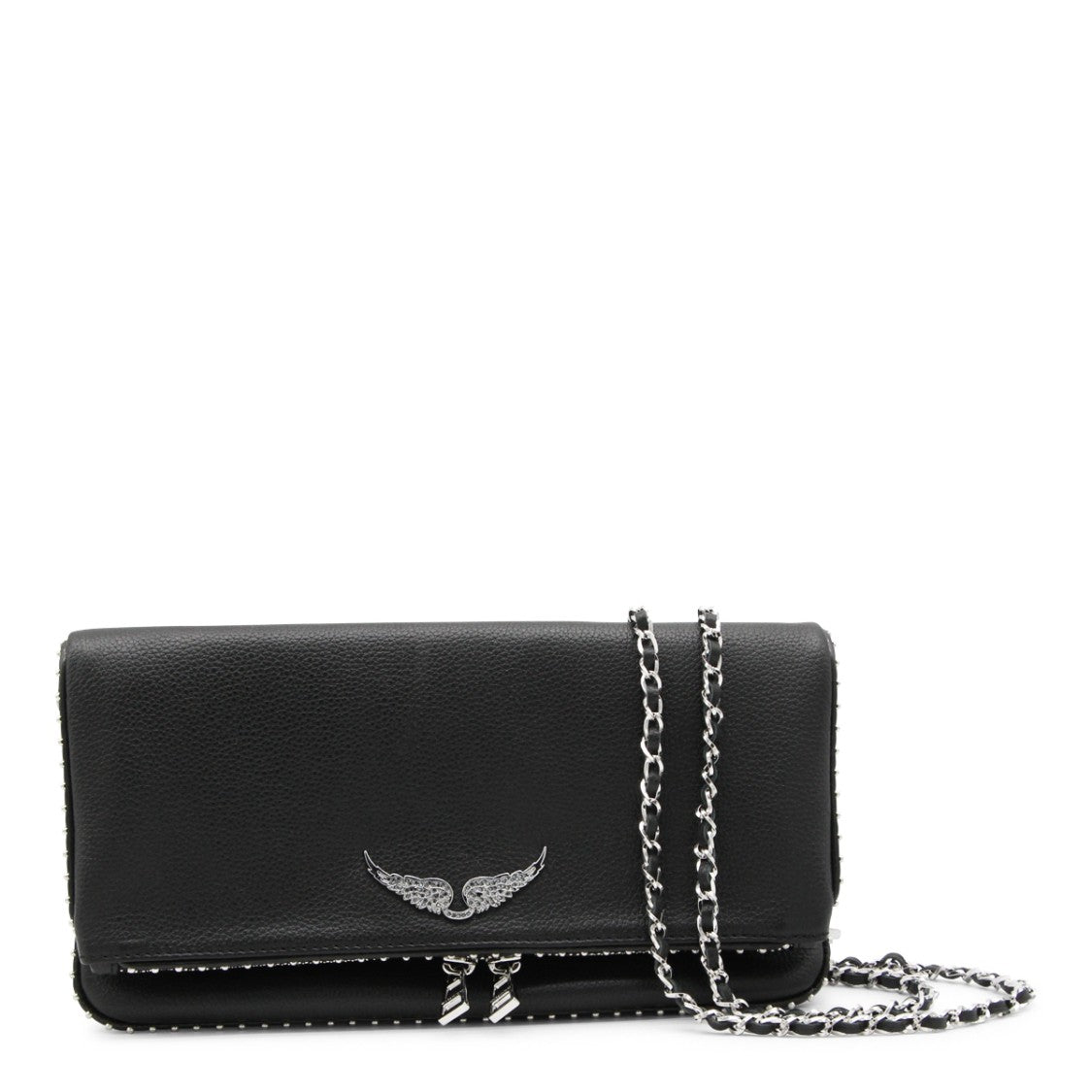 Zadig & Voltaire Textured Black Leather Shoulder Bag With Winged Logo