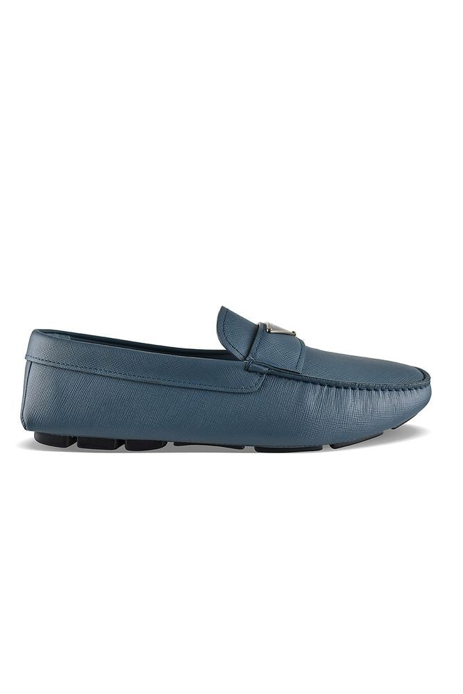 Prada Textured Saffiano Leather Blue Loafers