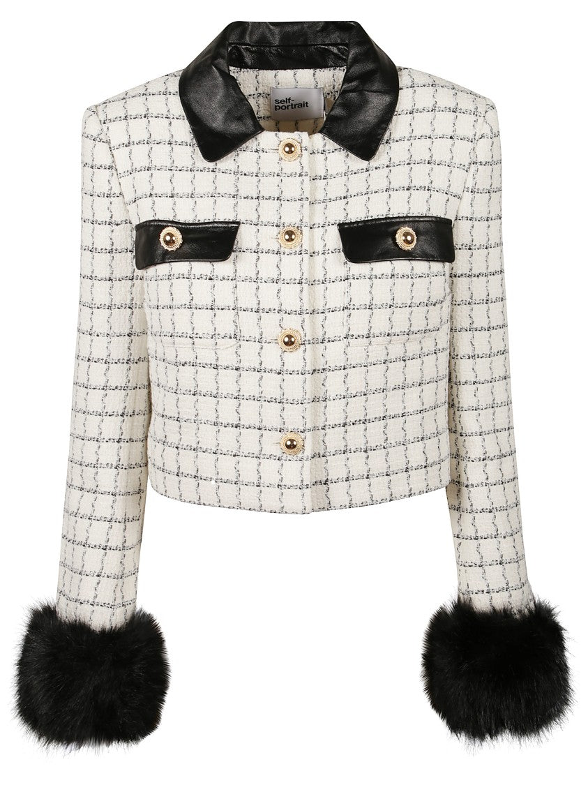 Self-Portrait Cropped Check Boucle Jacket With Fur Cuffs