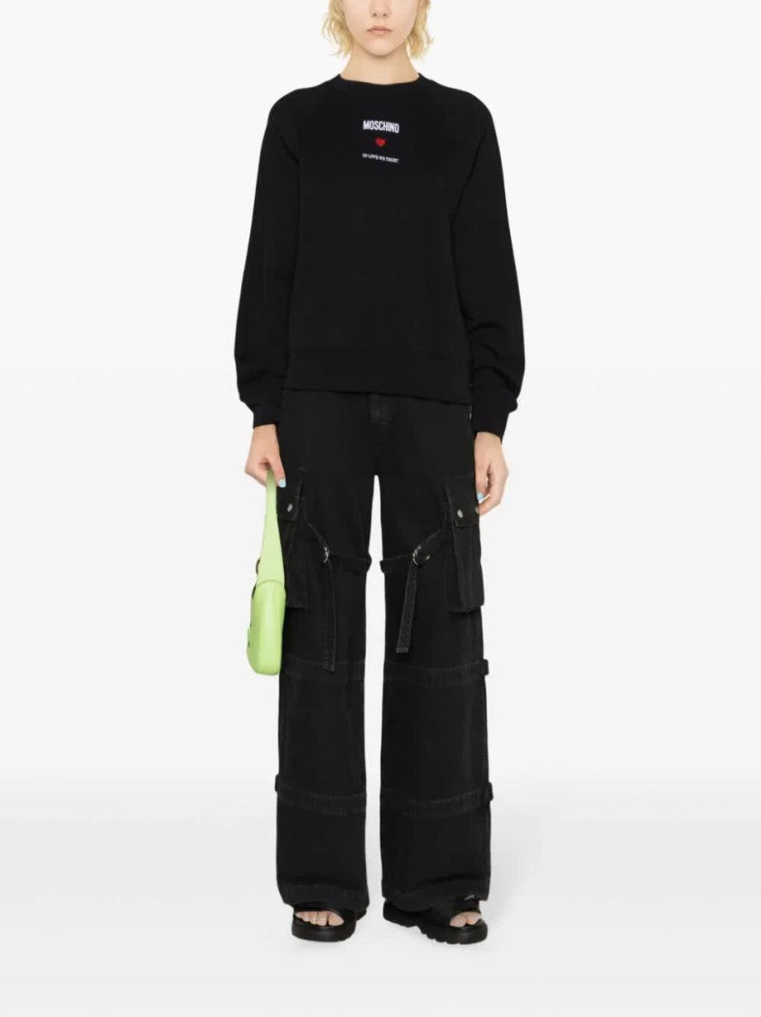 Moschino Black Relaxed Fit Cropped Cotton Logo Sweatshirt