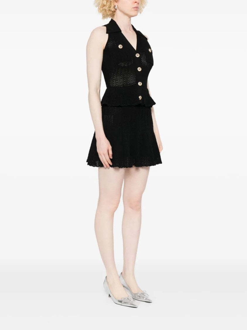 Self-Portrait Pointelle-Knit Mini Dress With Flap Pockets And Chain-Link Accents