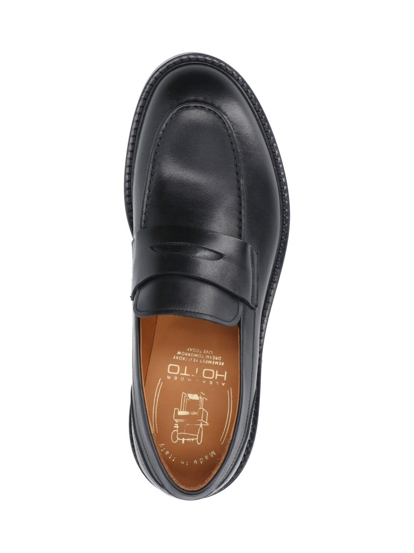 Alexander Hotto Penny Loafer Black Leather Flat Shoes With Textured Sole