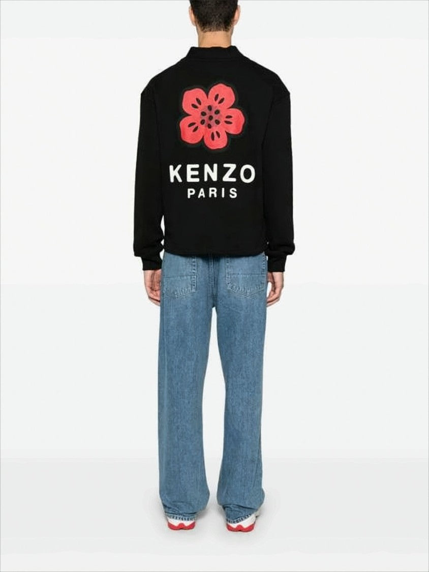 Kenzo Black Knitwear Cardigan With Floral Graphic And Logo