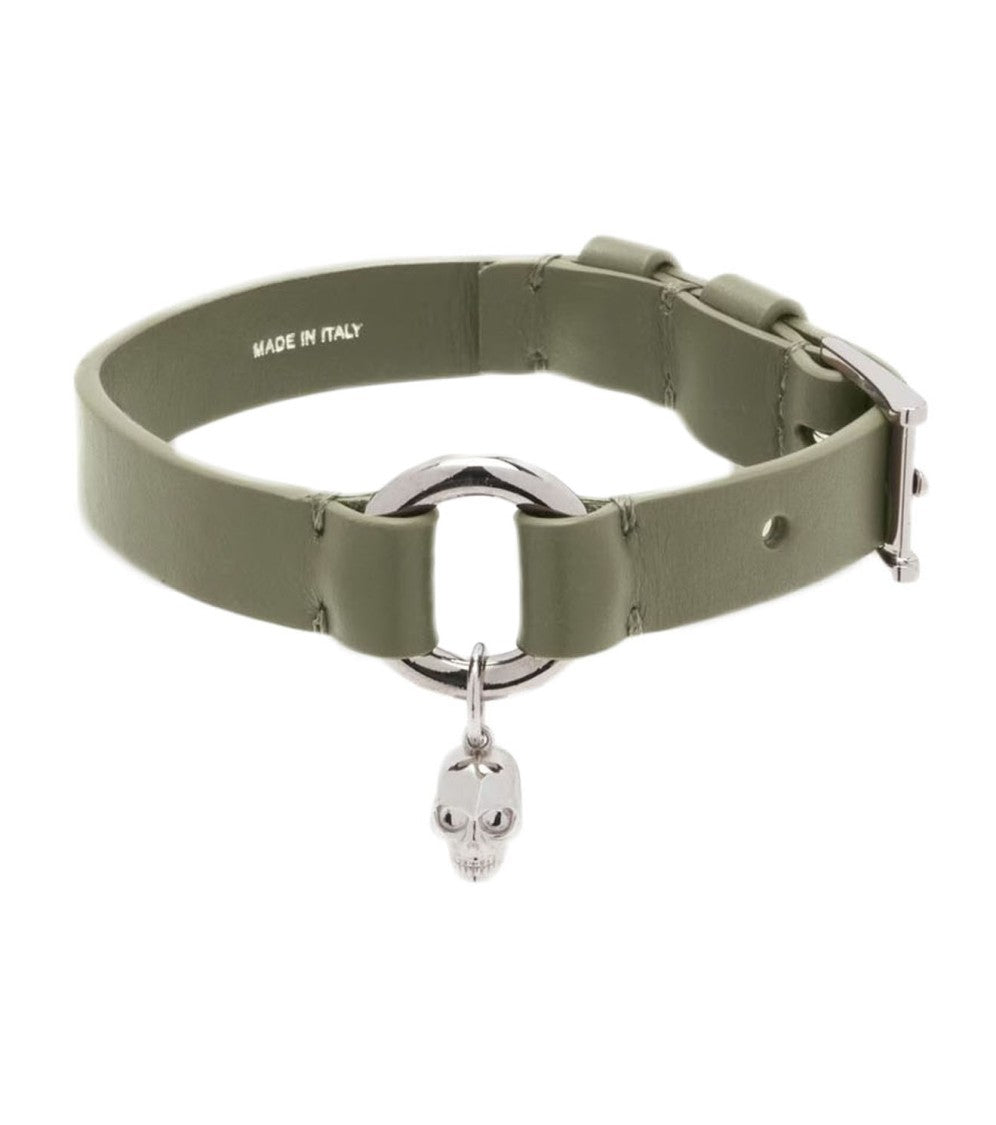 Alexander Mcqueen Skull Ring Leather Bracelet Green
