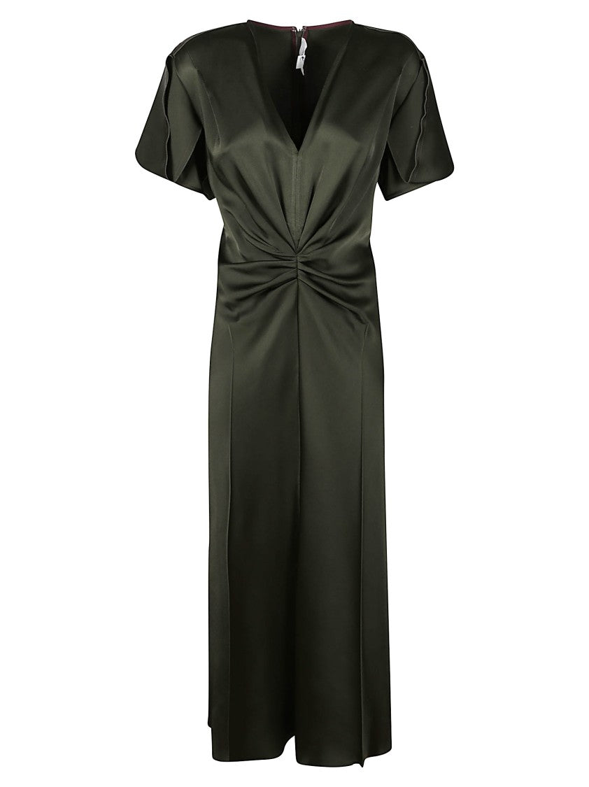 Victoria Beckham V-Neck Satin Midi Dress With Gathered Waist Detail