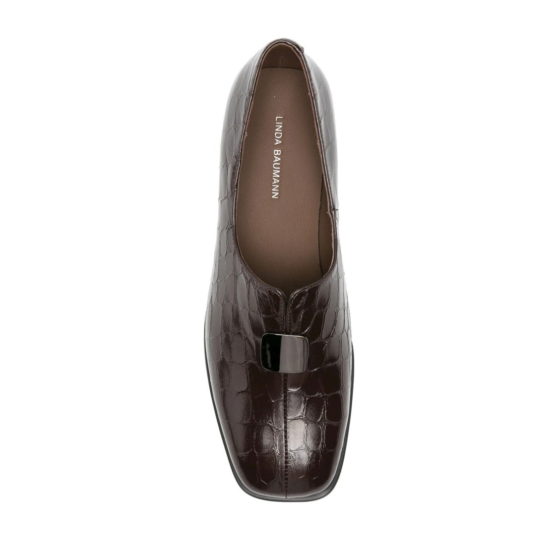 Linda Baumann Brown Crocodile Embossed Buckle Patent Leather Loafers