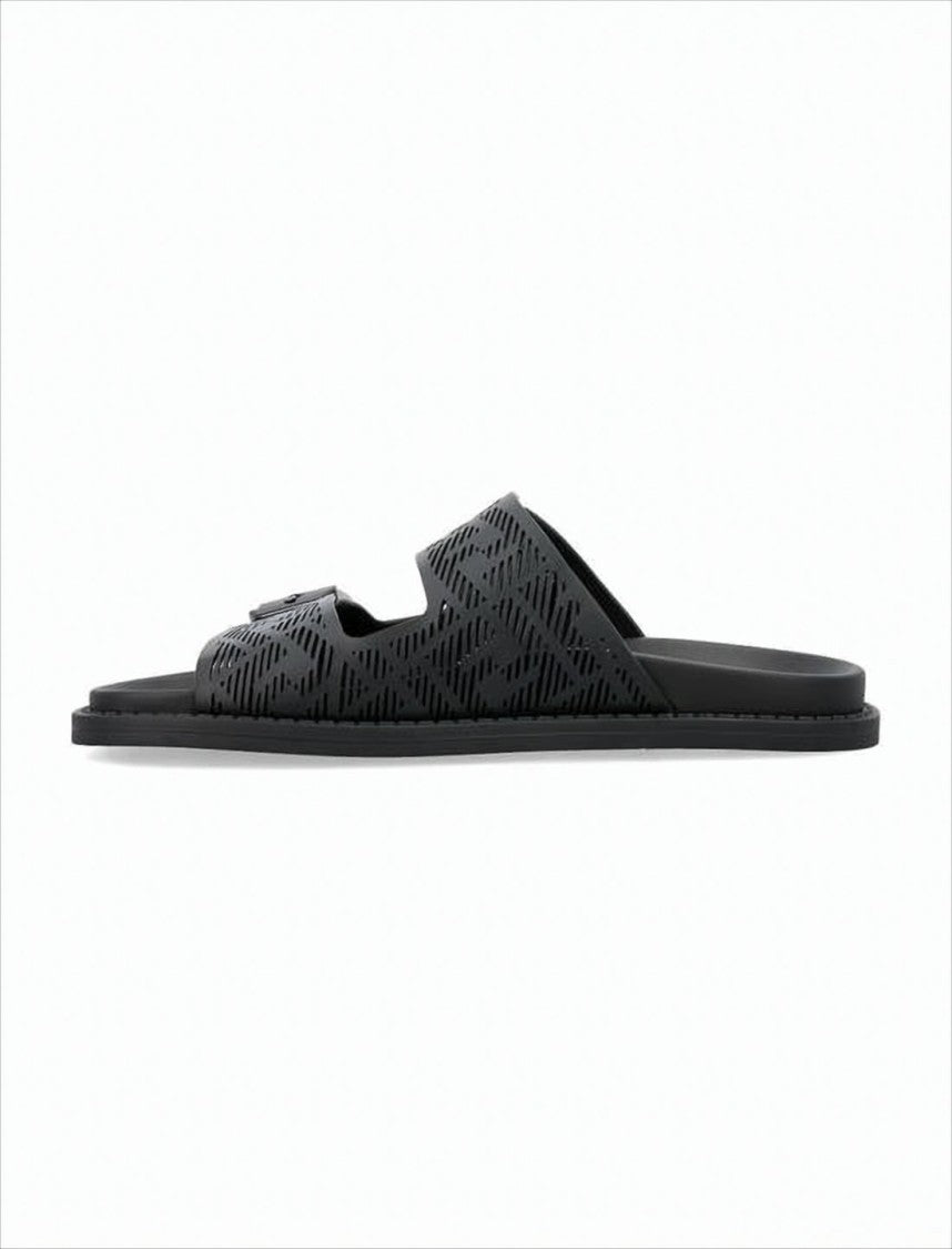 Fendi Perforated Black Leather Slide Sandals With Adjustable Straps