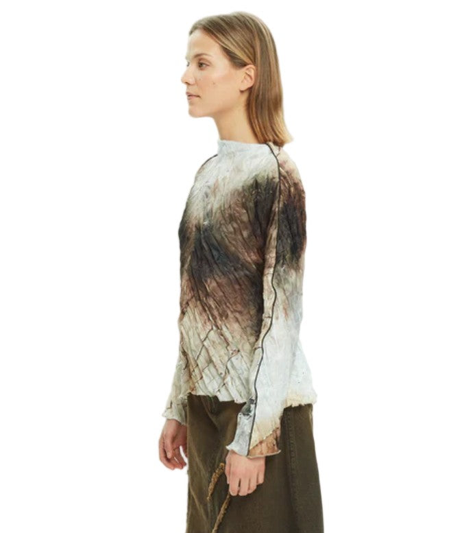 Mlo Crinkled Pleated Abstract Print Long-Sleeved Top