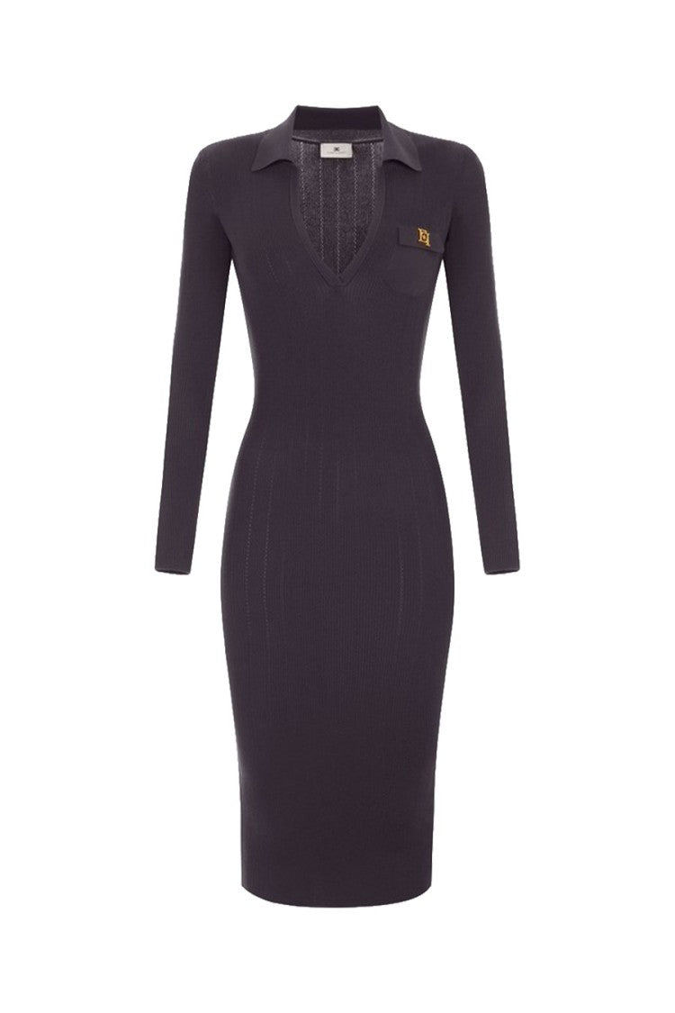 Elisabetta Franchi Brown Polo Collar Logo Patch Pocket Lyocell-Blend Midi Dress