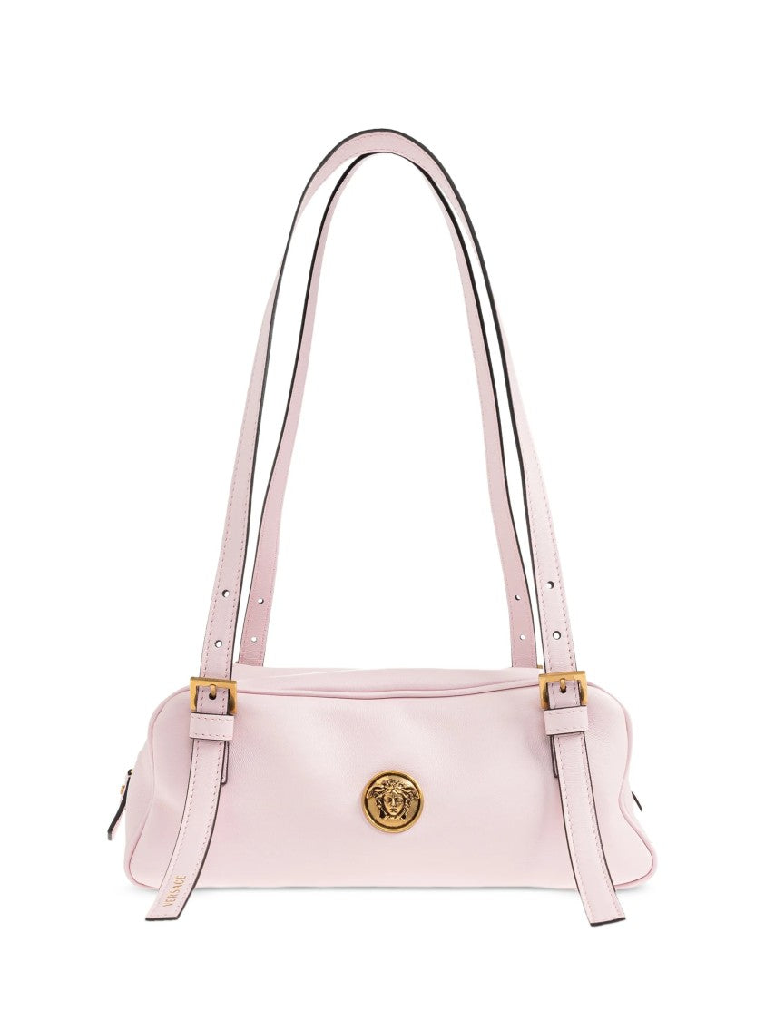 Versace Structured Pink Lambskin Shoulder Bag With Gold Accents