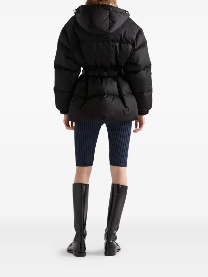 Prada Quilted Black Down Puffer Jacket With Functional Belt And Hood