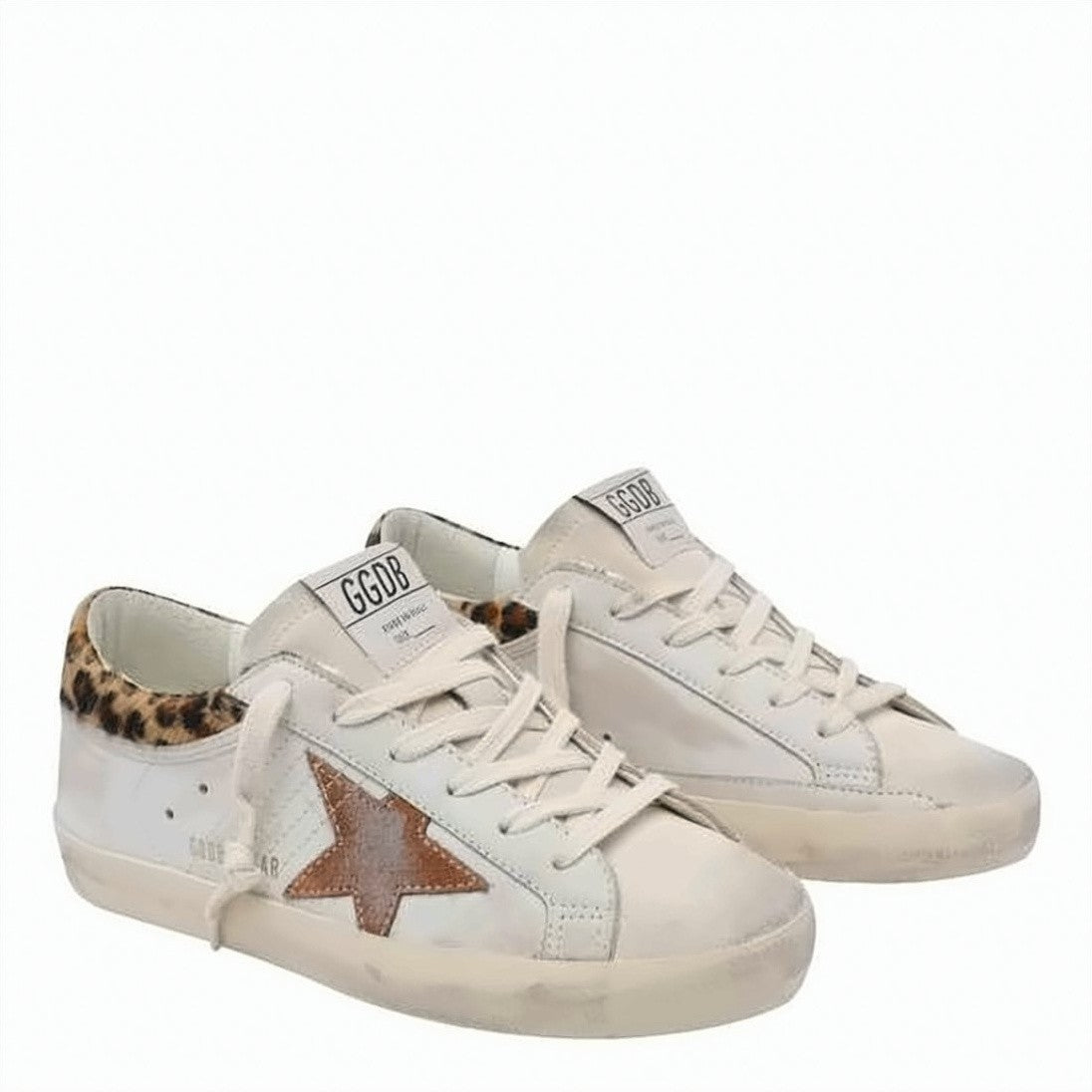 Golden Goose Distressed White Leather Sneakers With Suede Star And Leopard Print Accents