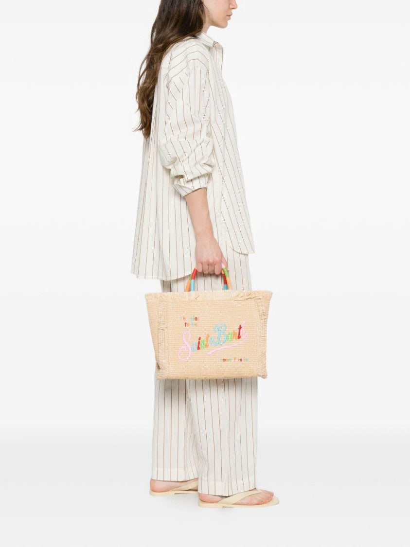 Mc2 Saint Barth Rectangular Woven Tote Bag With Fringed Edges