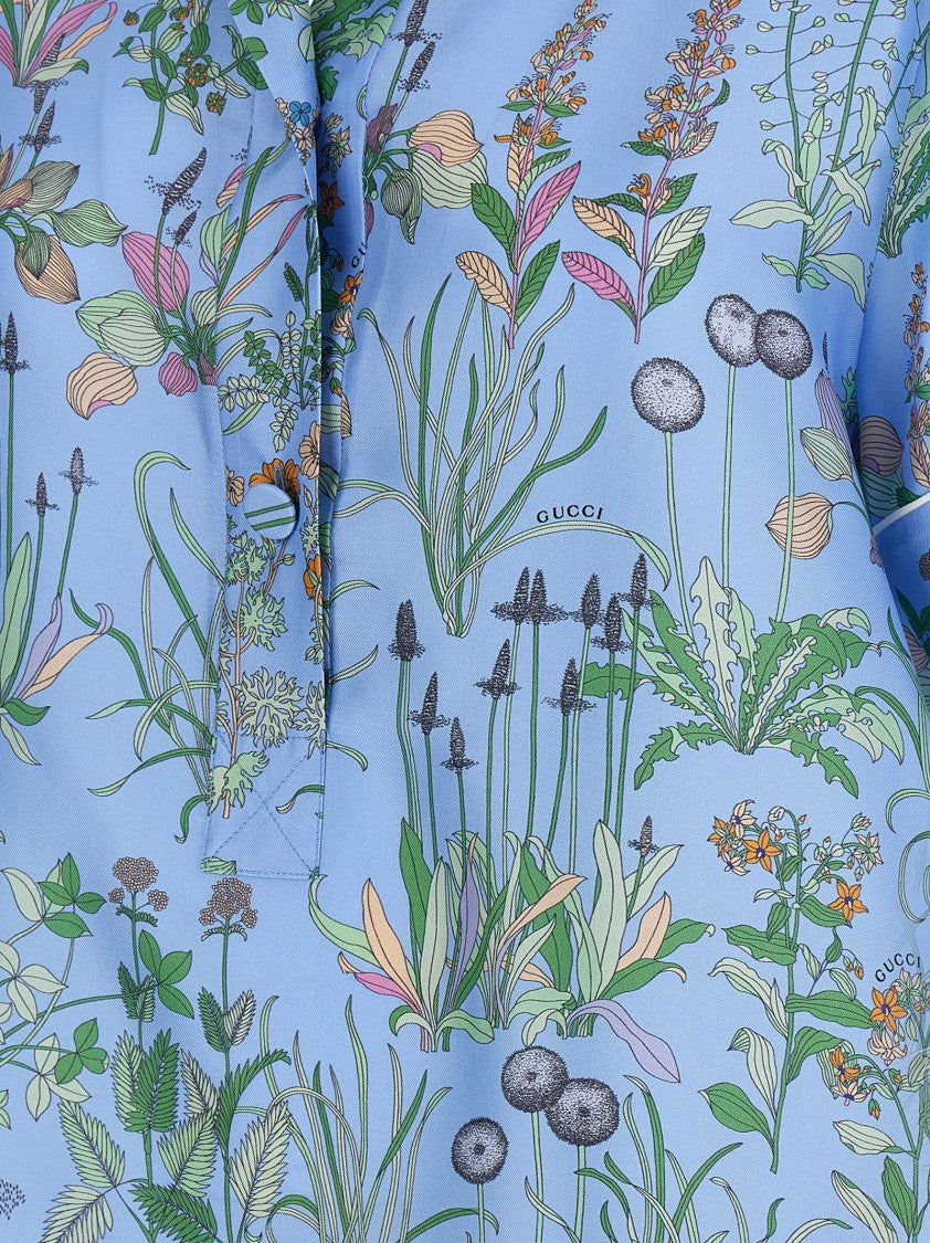 Gucci Floral Print Silk Twill Blouse With V-Neck And Contrast Piping