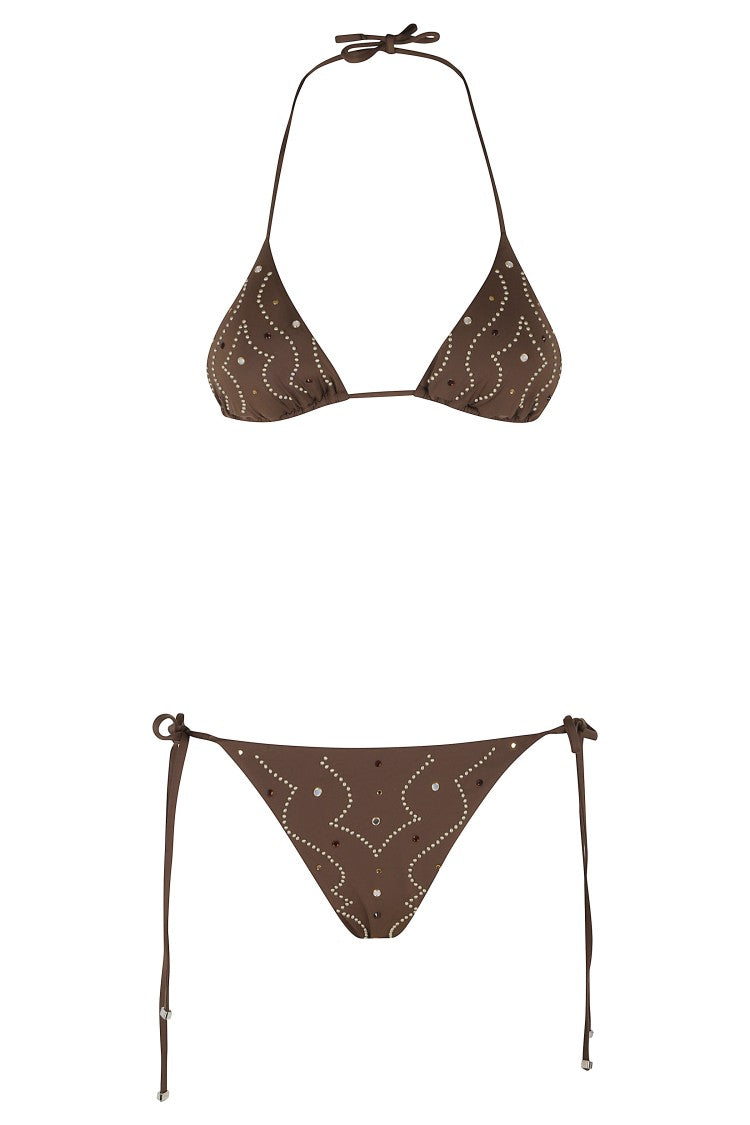 Venuja Triangle Studded Rhinestone Drawstring Bikini Set