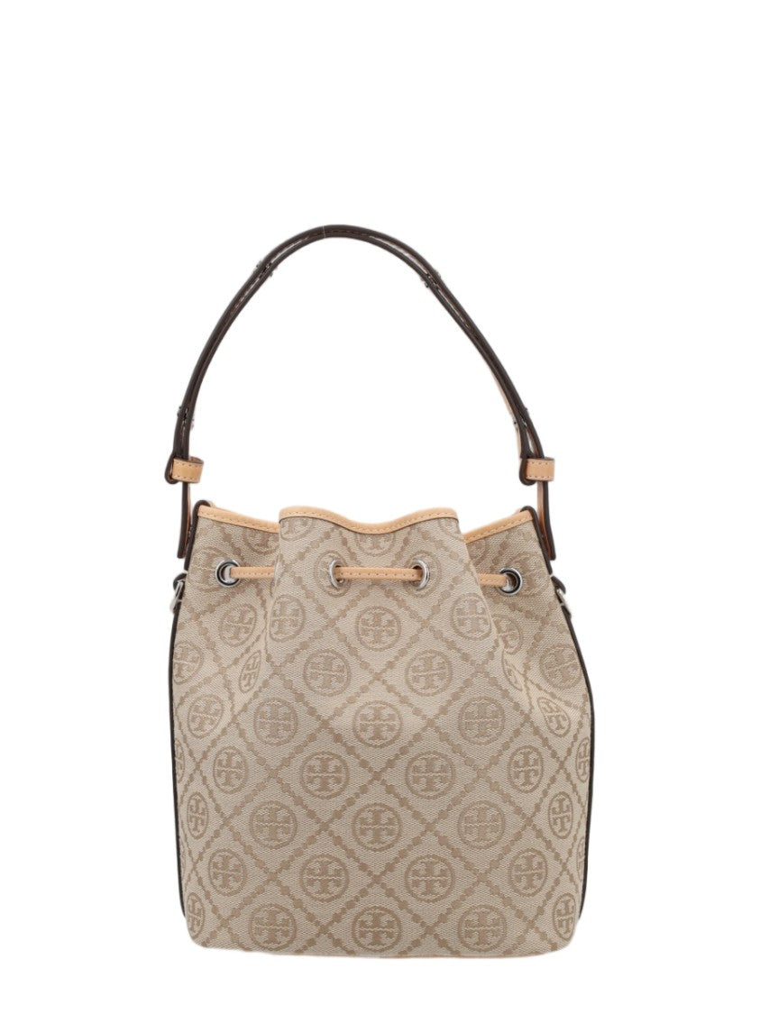 Tory Burch Structured Bucket Bag With Drawstring Closure And Monogram Detail