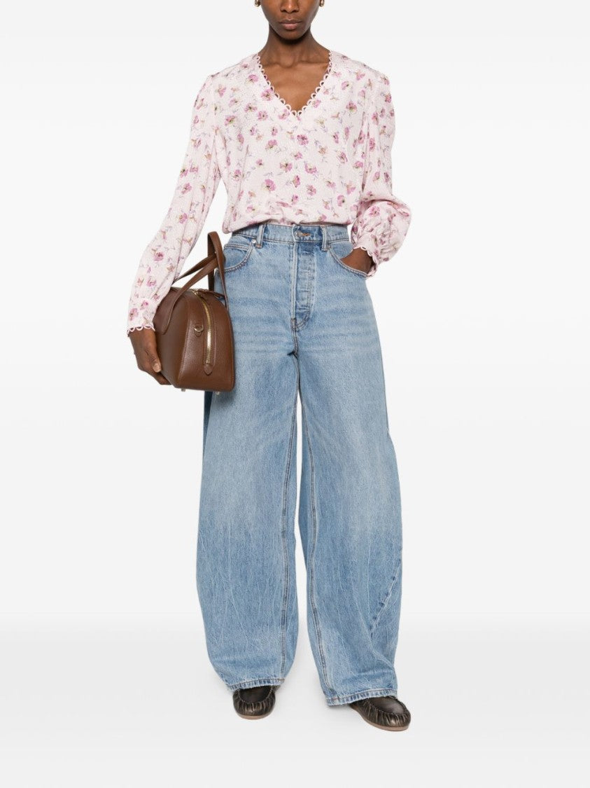 Twin-Set Scallop-Trimmed Pink Floral Blouse With Puffed Sleeves