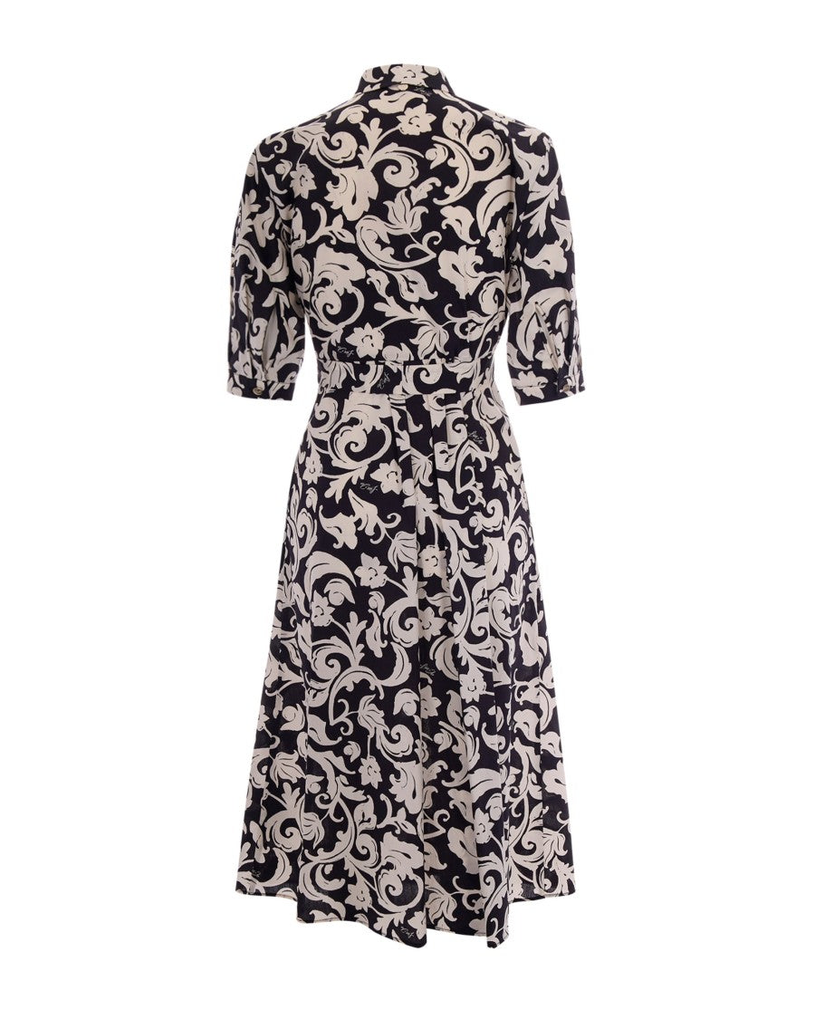 Liu Jo Midi Popeline Floral Dress With Classic Collar And Waist Belt