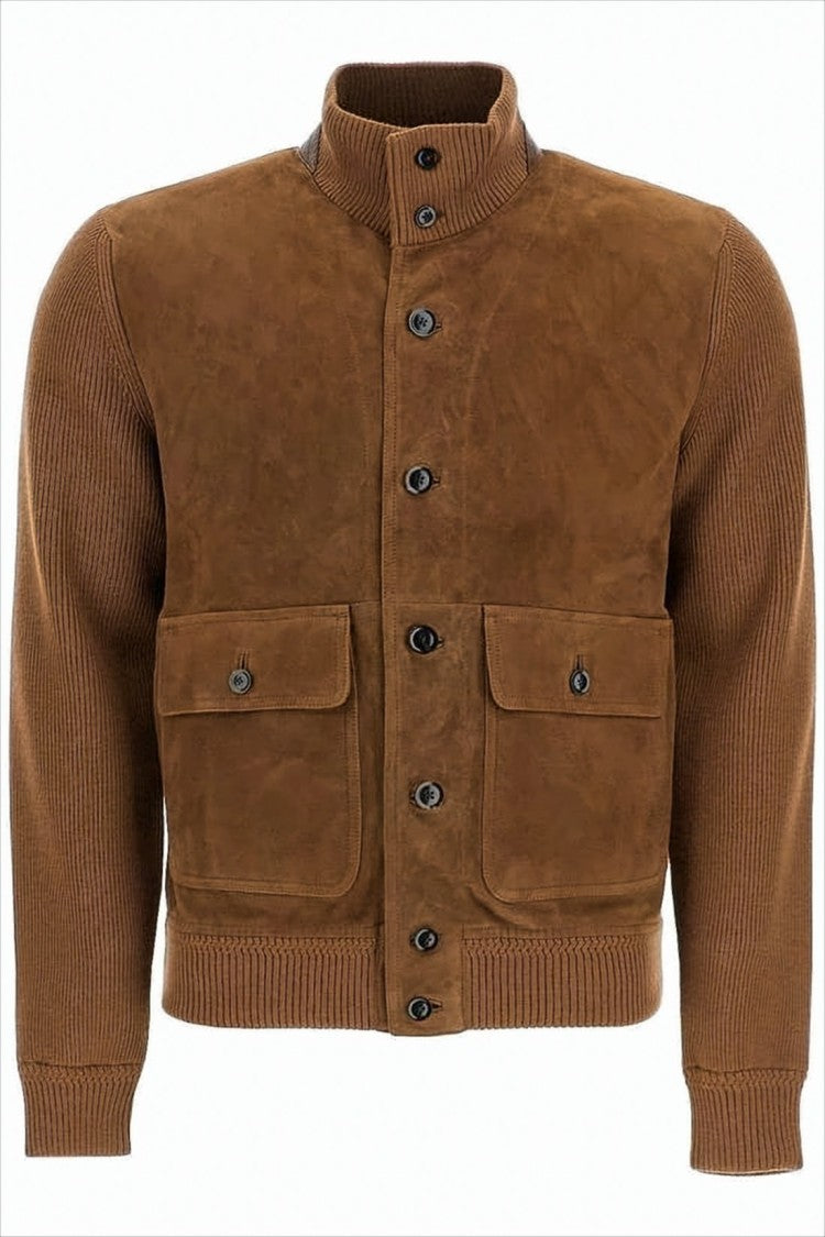 Tom Ford Brown Lamb Leather And Wool Jacket With Ribbed Sleeves
