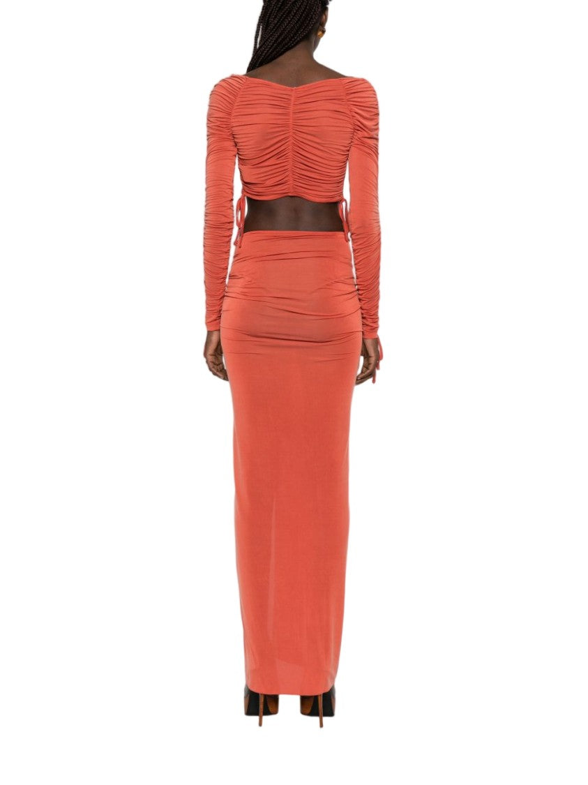 Balmain Orange Cropped Long Sleeve Ruching Top
