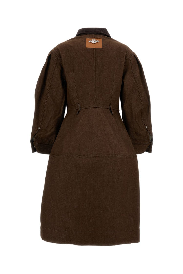 Simone Rocha Brown Utility Pocket Hip Bustle Cotton Canvas Midi Dress