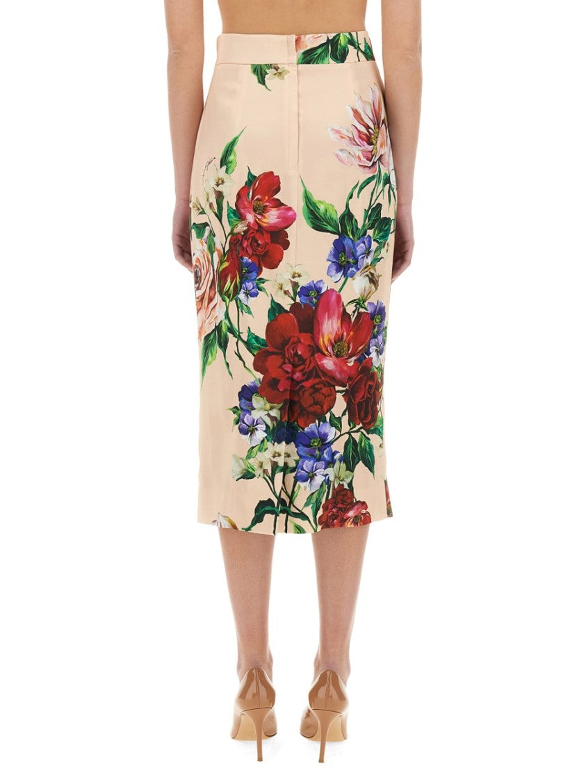 Dolce & Gabbana Flower Print Satin Midi Pencil Skirt