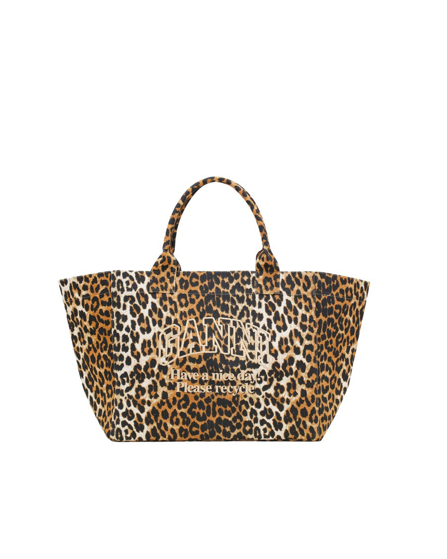 Ganni Bold Leopard Print Xxl Tote Bag With Signature Logo