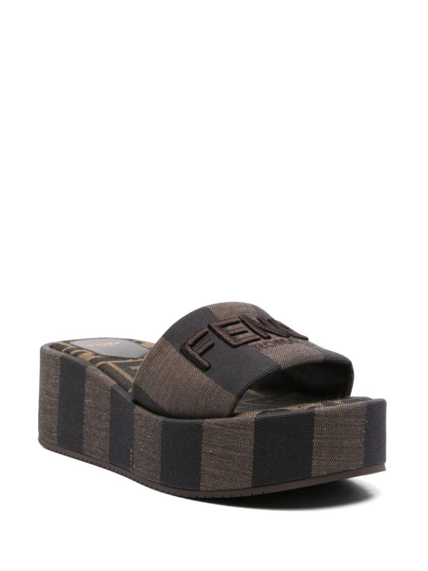 Fendi Brown Sunshine Fabric Pequin Stripe Slides