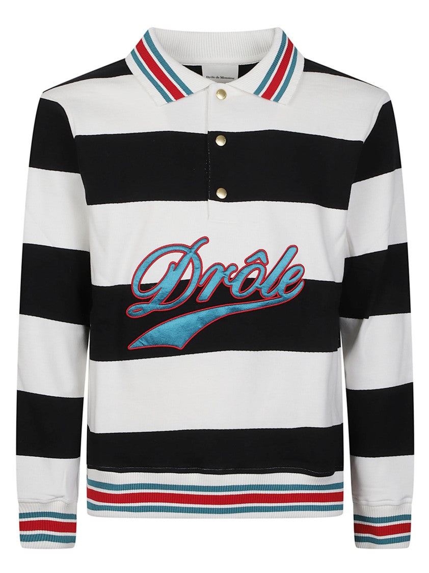 Drôle De Monsieur Embroidered Logo Bold Striped Long-Sleeve Cotton Polo Shirt