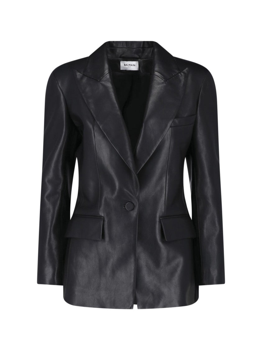 Balmain Black Lambskin Leather Blazer With Classic Notch Lapel