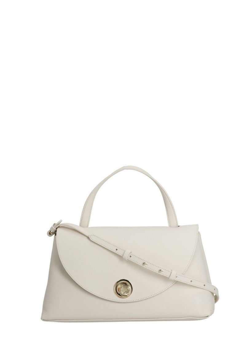 Coccinelle Ivory Pebbled Leather Shoulder Bag With Flap Closure