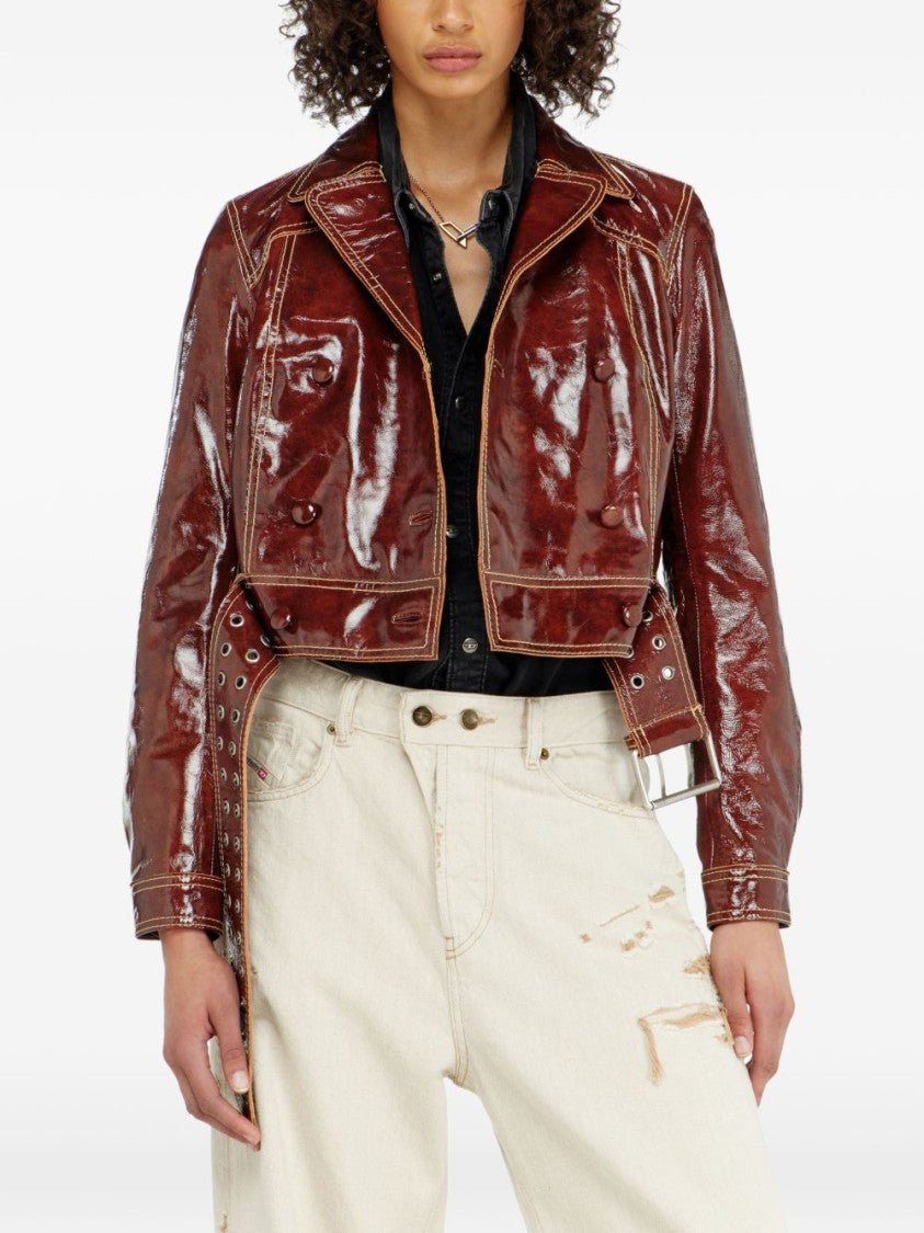 Diesel Cropped Brown Patent Leather Jacket With Double-Breasted Front