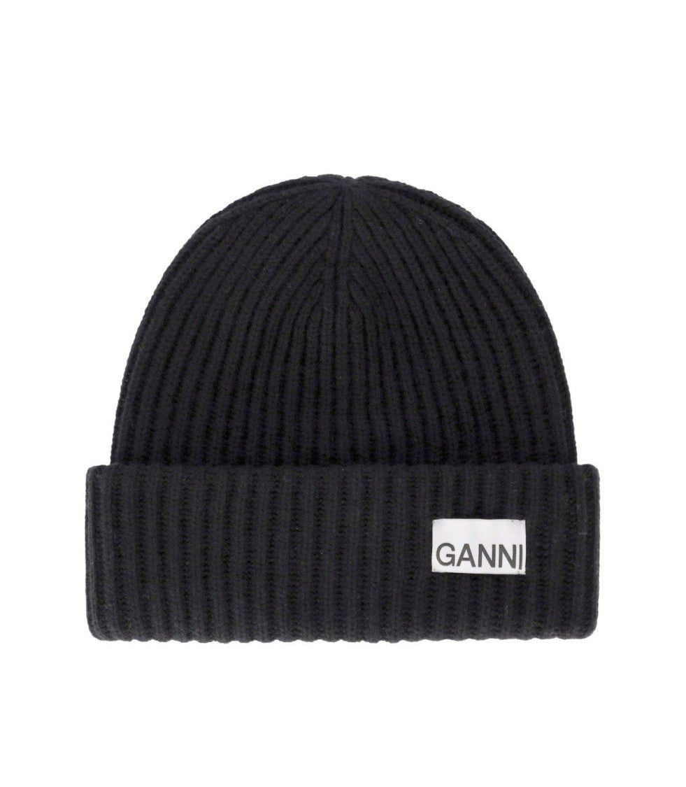 Ganni Black Oversize Ribbed Beanie