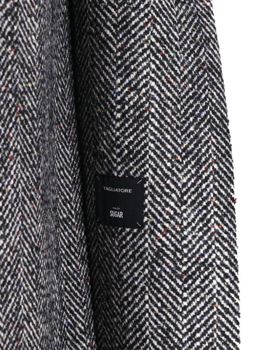 Tagliatore Double-Breasted Black Herringbone Coat With Pointed Lapel