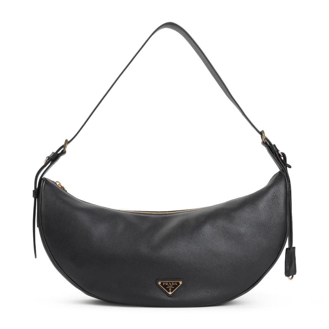 Prada Crescent-Shaped Black Calf Leather Handbag With Gold-Tone Logo