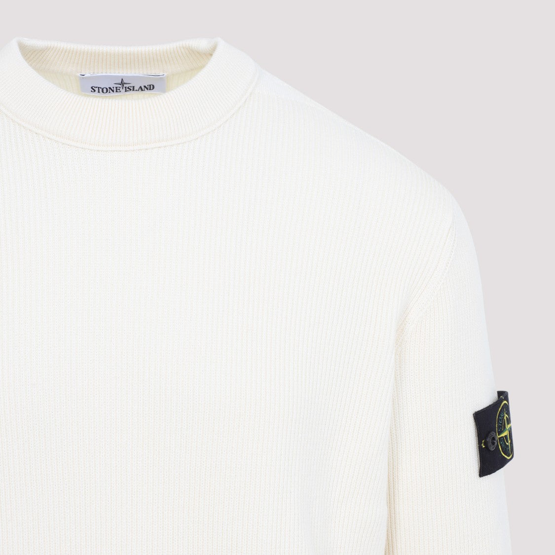 Stone Island Ivory White Cotton Crew Neck Sweater
