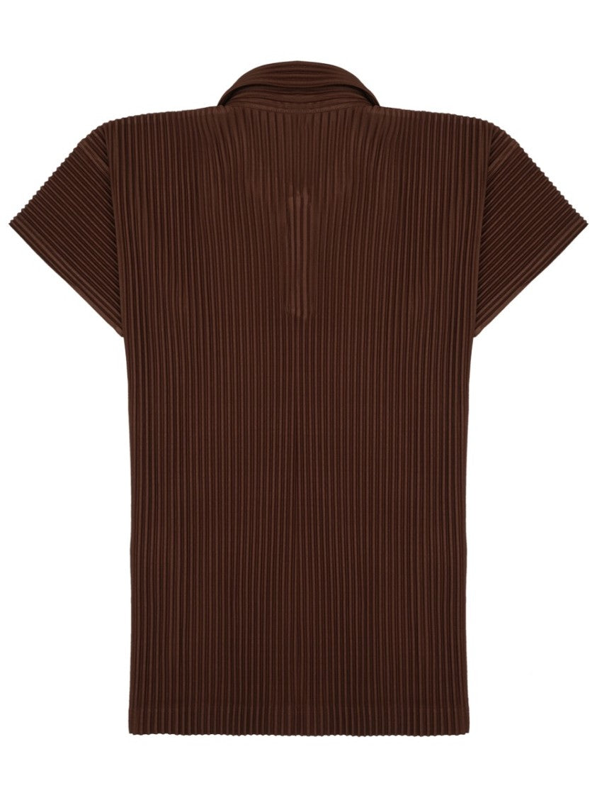Homme Plissé Issey Miyake Short-Sleeved Pleated Brown Polo Shirt With Classic Collar