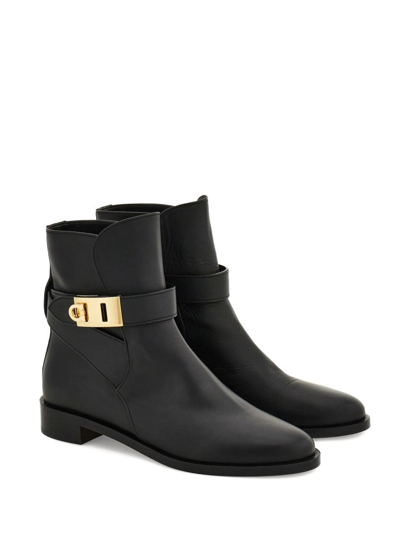 Salvatore Ferragamo Pointed Toe Leather Ankle Boots With Gold-Tone Buckle Detail