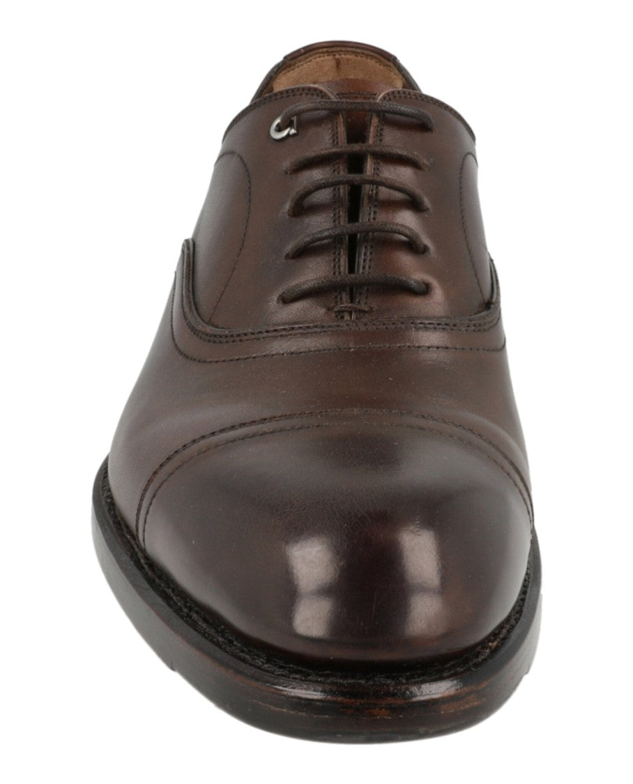 Ferragamo Brown Calfskin Leather Oxfords With Gancini Logo Details