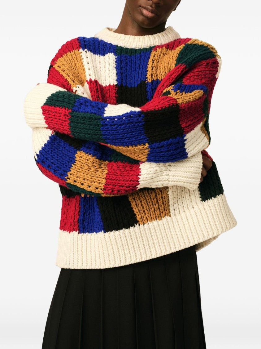 Ami Paris Chunky Knit Sweater With Bold Checkered Pattern