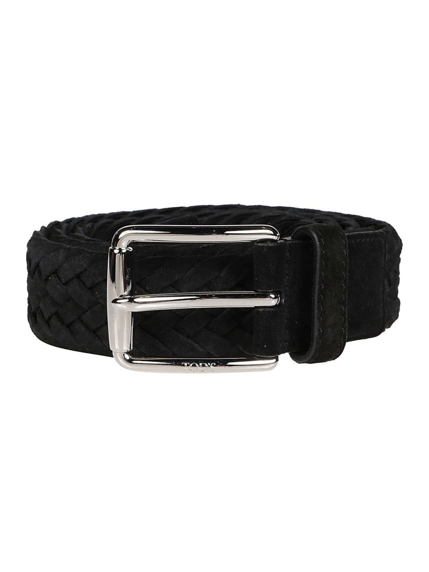 Tod's Woven Black Belt With Polished Silver Buckle